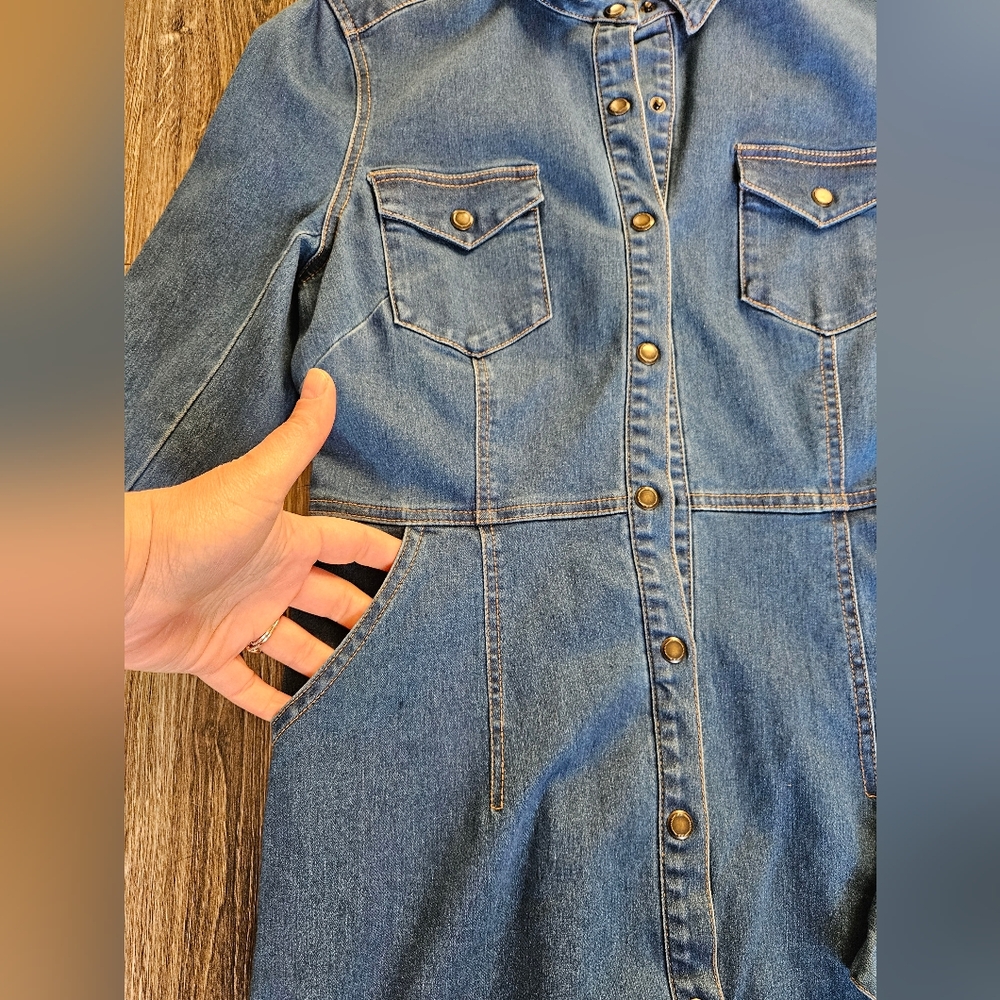 Free People Dynomite Stretch Denim Button Long Sleeve Pocket Mini Dress Medium - Picture 4 of 10